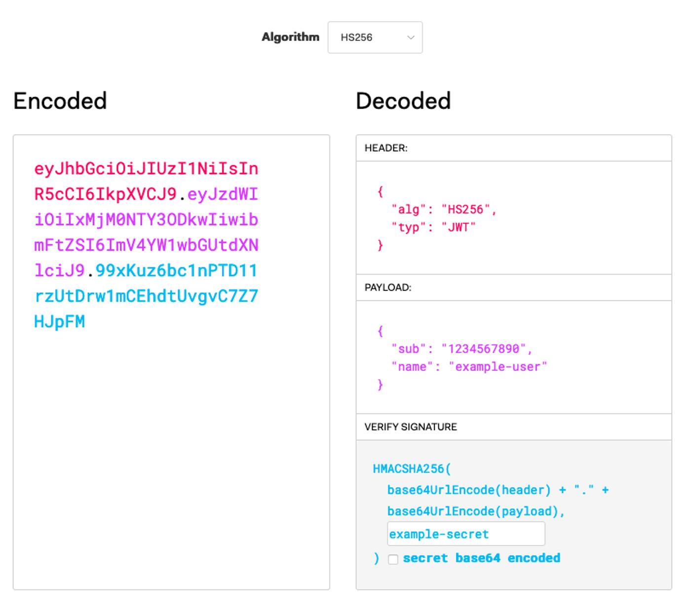Encoding example on the JWT.IO debugger Encoding example on the JWT.IO debugger