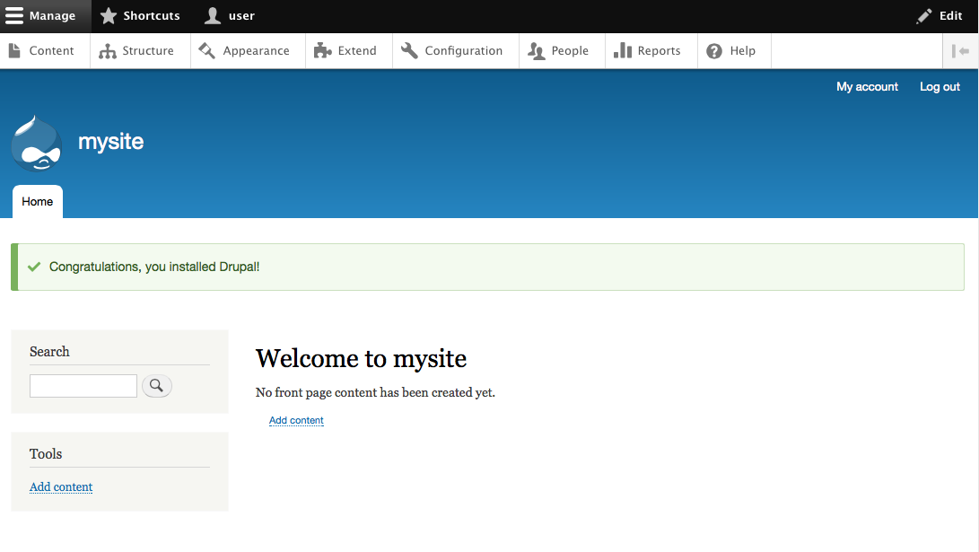 Drupal 8 installed welcome. Drupal 8 installed welcome.