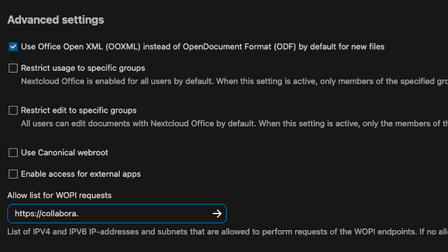 The Nextcloud Office advanced settings The Nextcloud Office advanced settings