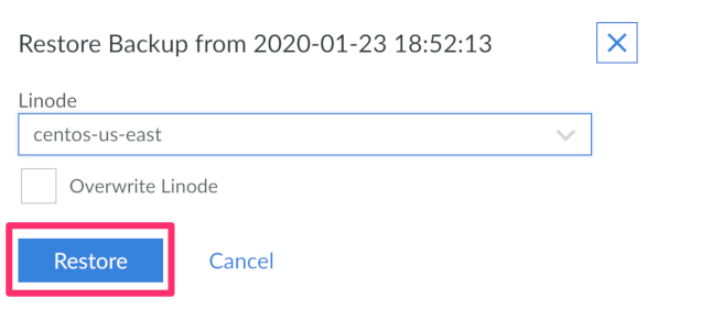 Restore to Existing Linode Panel Restore to Existing Linode Panel