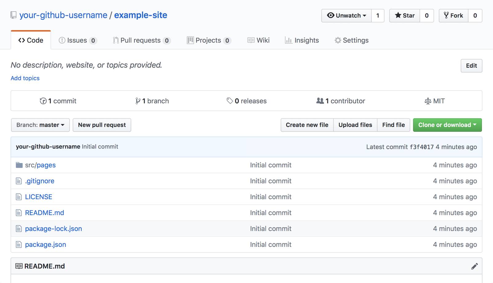 GitHub repository for example-site after initial commit GitHub Initial Commit