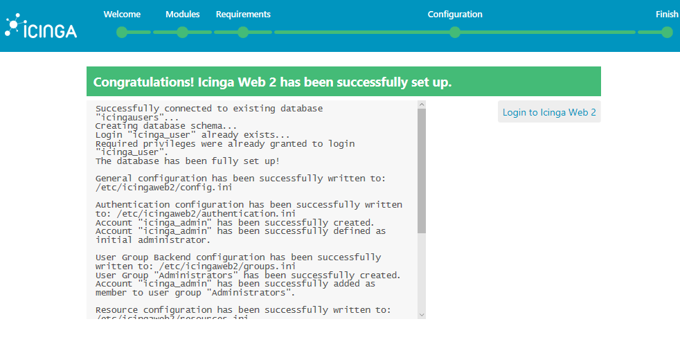 Icinga Successfully Set up - 'Login to Icinga Web 2' button Icinga Successfully Set up - “Login to Icinga Web 2” button