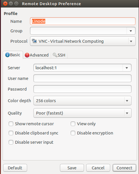 Settings for a Remmina remote desktop connection. Settings for a Remmina remote desktop connection.