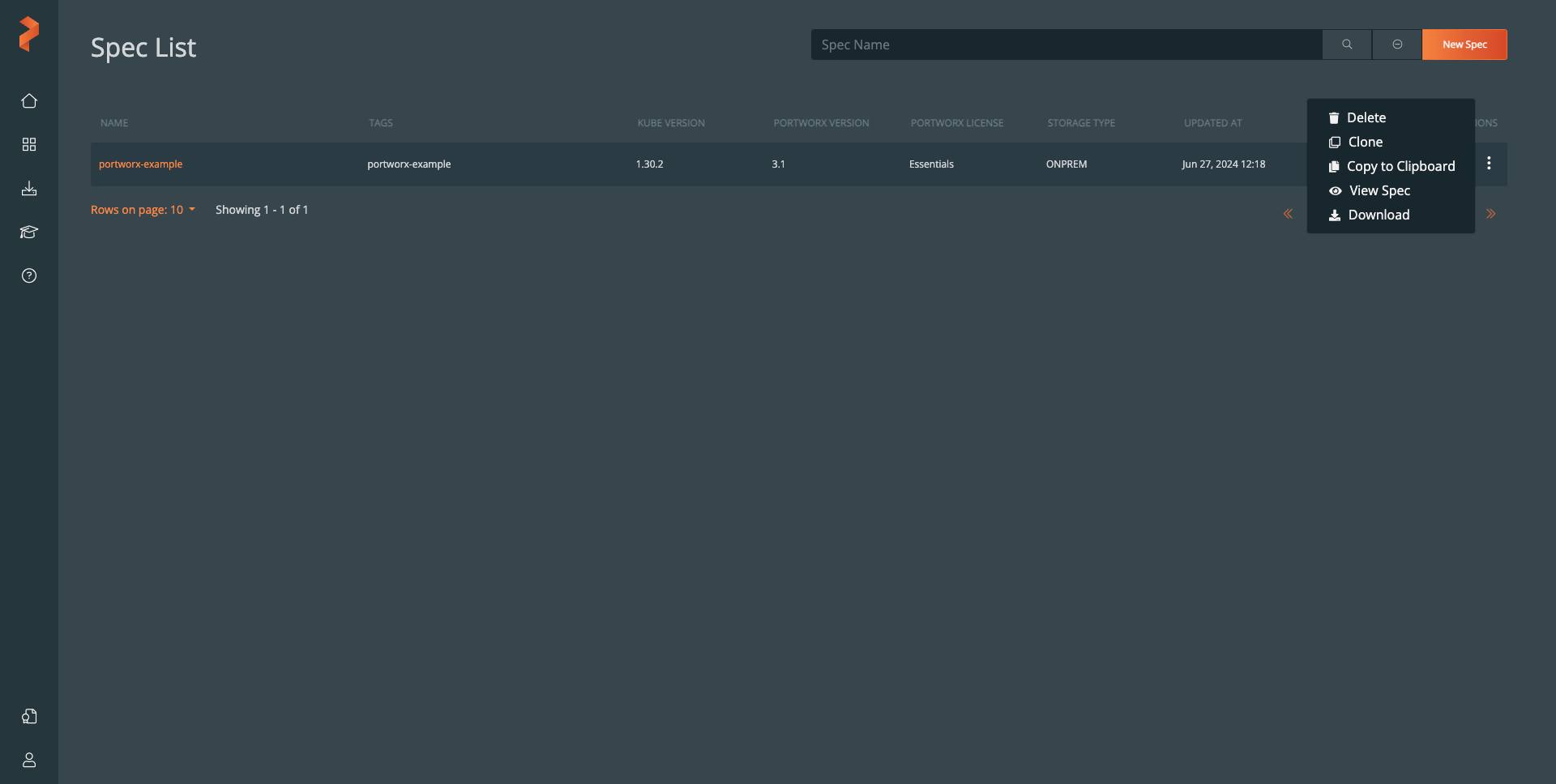 The Spec List section of Portworx Central with “portworx-example” listed and it’s action menu opened. The Spec List section of Portworx Central with “portworx-example” listed and it’s action menu opened.