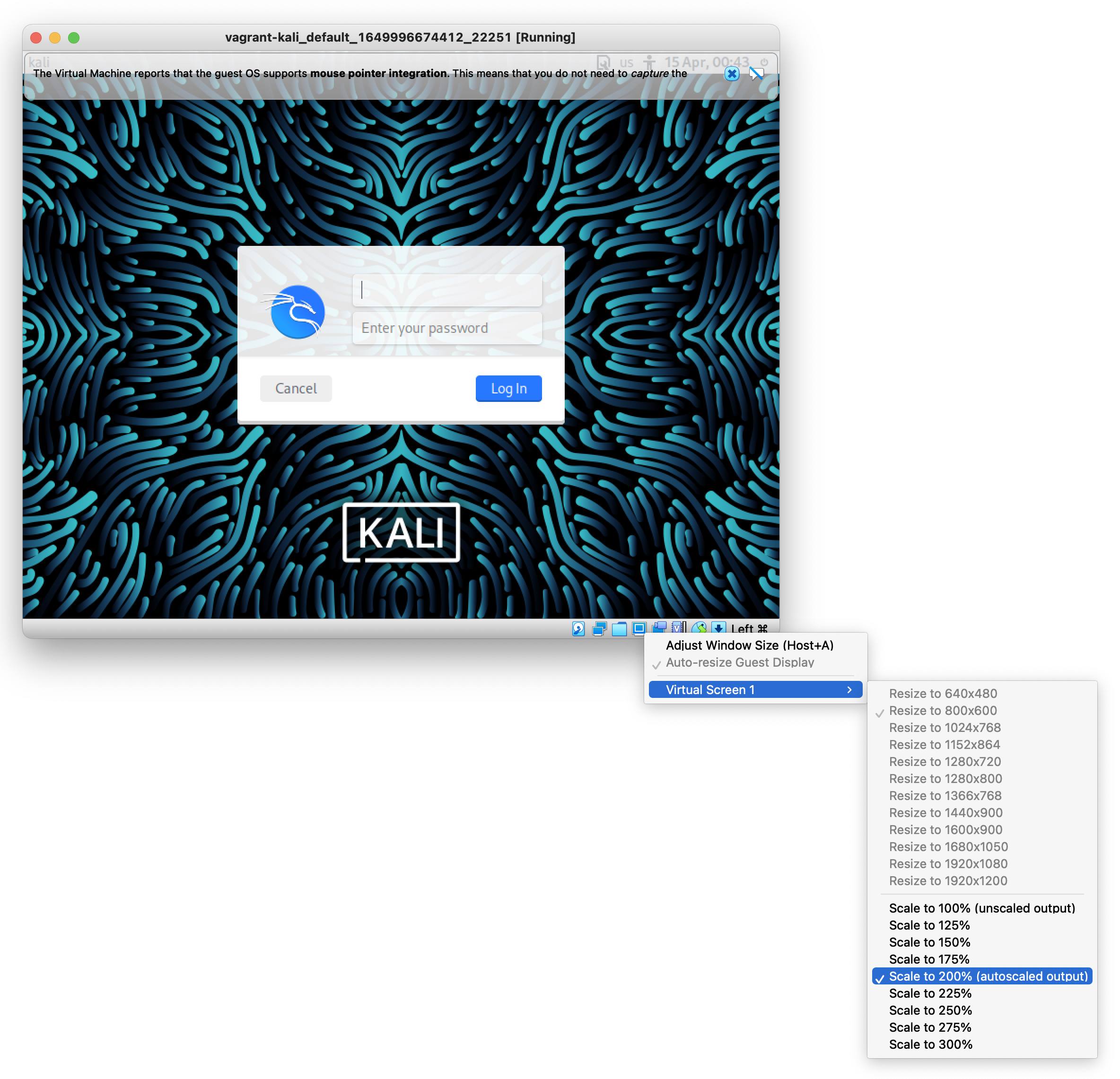 VirtualBox Kali GUI - Adjust Window Size Menu VirtualBox Kali GUI - Adjust Window Size Menu