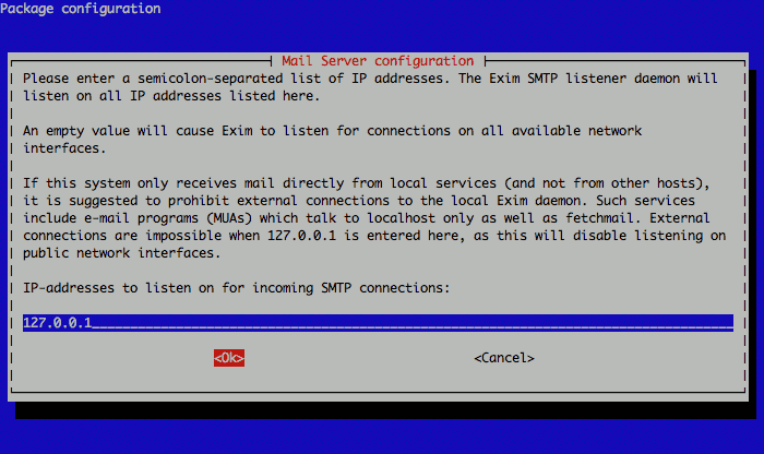 Exim IP address configuration on Debian 5. Exim IP address configuration on Debian 5.