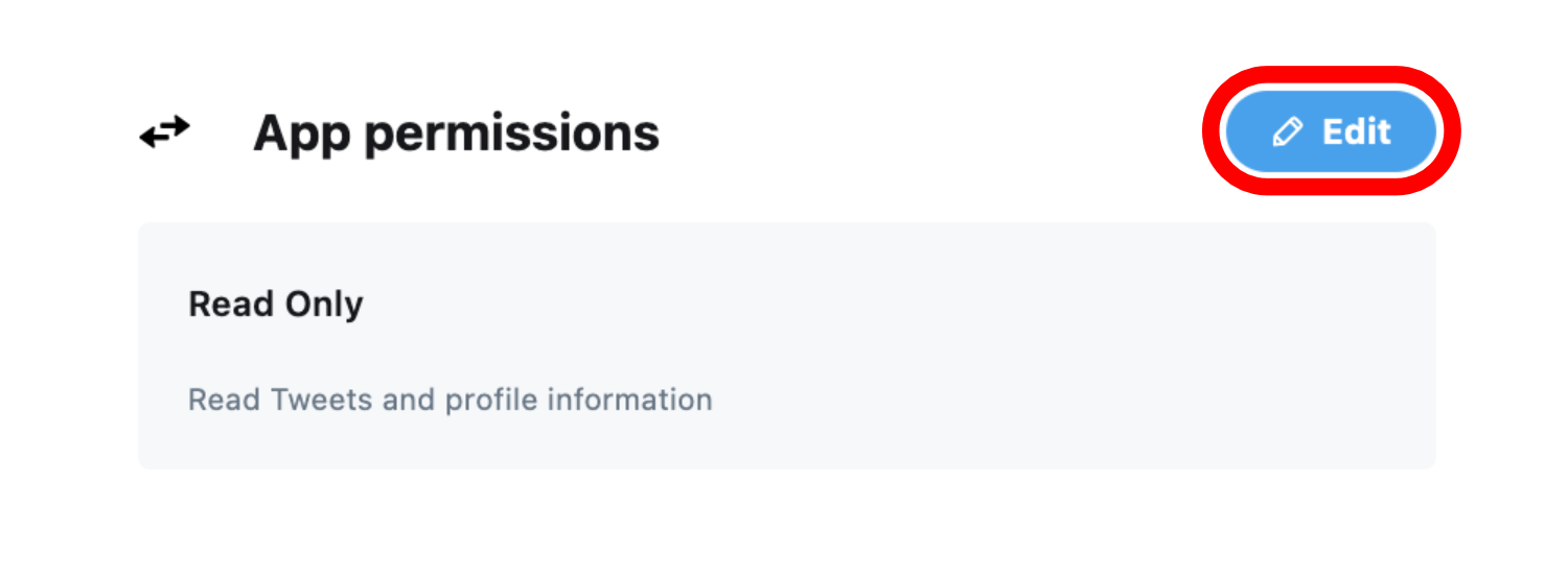 Twitter developer portal: app permissions pane with edit button highlighted Twitter developer portal: app permissions pane with edit button highlighted