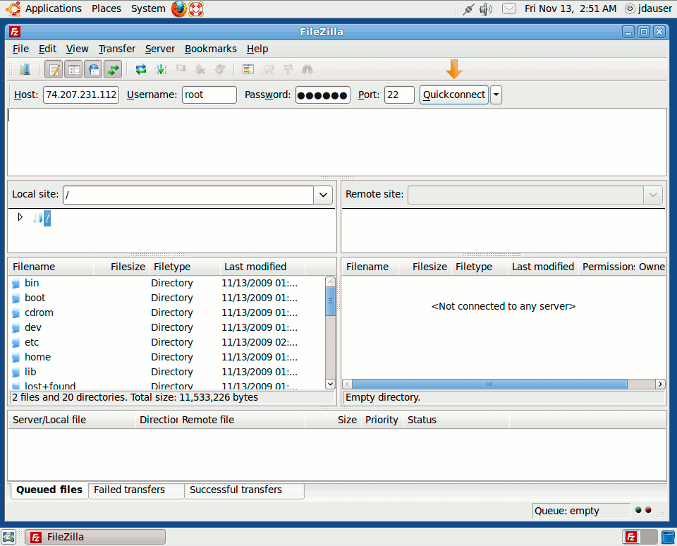 Quickconnect in Filezilla on Ubuntu 9.10 desktop edition. Quickconnect in Filezilla on Ubuntu 9.10 desktop edition.