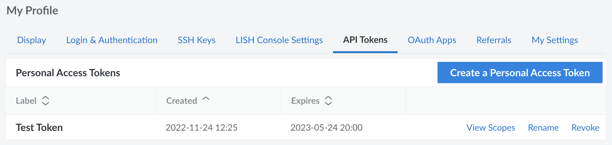 Screenshot of personal access tokens in Cloud Manager Screenshot of personal access tokens in Cloud Manager