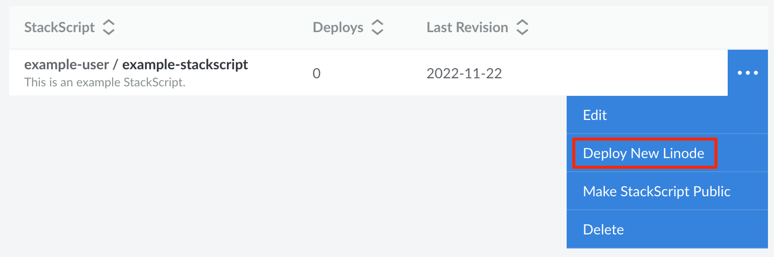 Screenshot of the more options ellipsis menu for a StackScript Screenshot of the more options ellipsis menu for a StackScript
